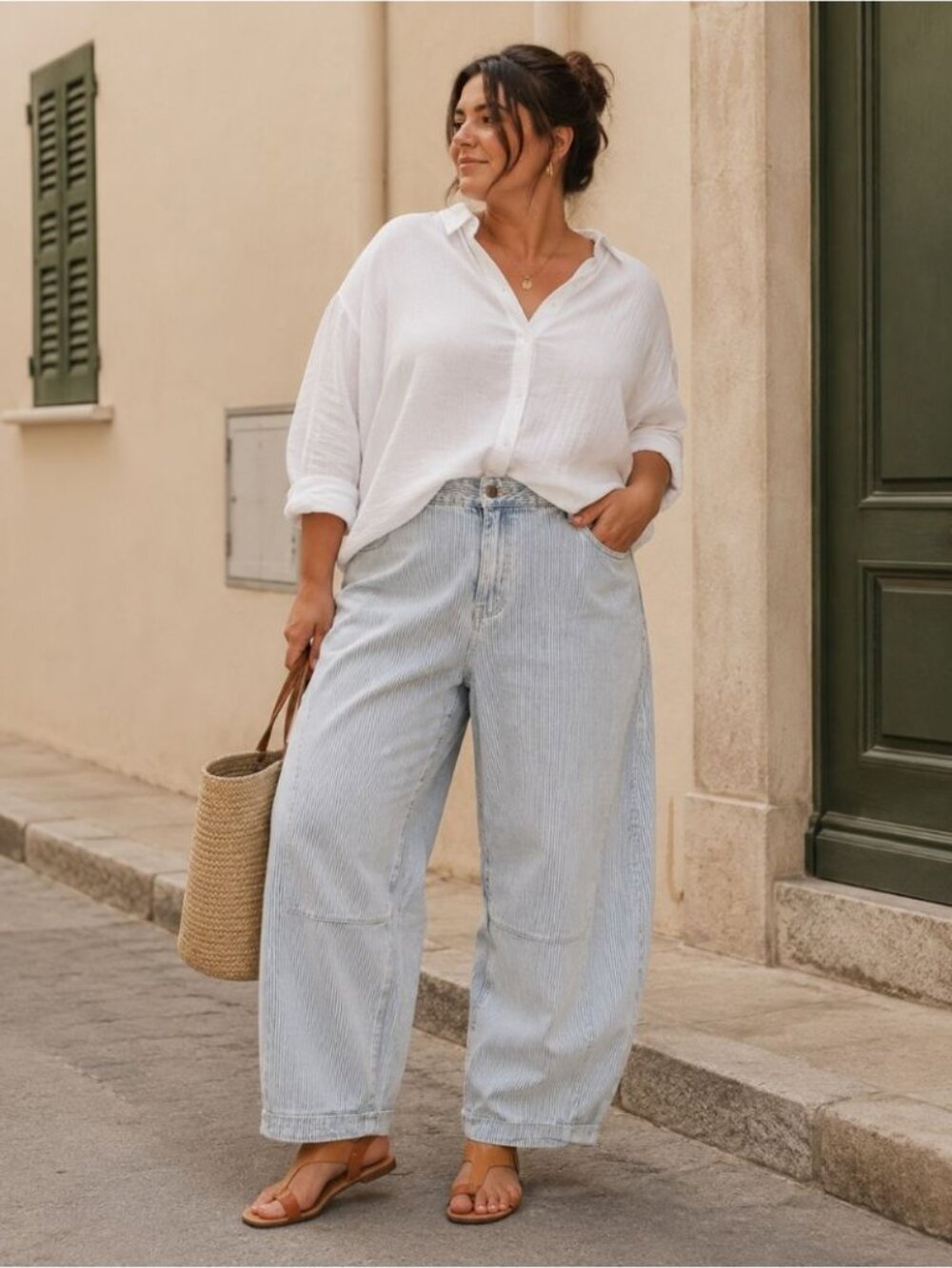 Blue White Pinstripe Barrel Leg Jeans  XXL High Rise Baggy Coastal Denim Pants